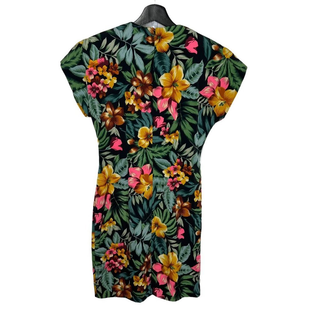 Vintage 90s Green Jungle Floral Short Sleeve Faux Wrap Knee Length Dress Small - Picture 2 of 8